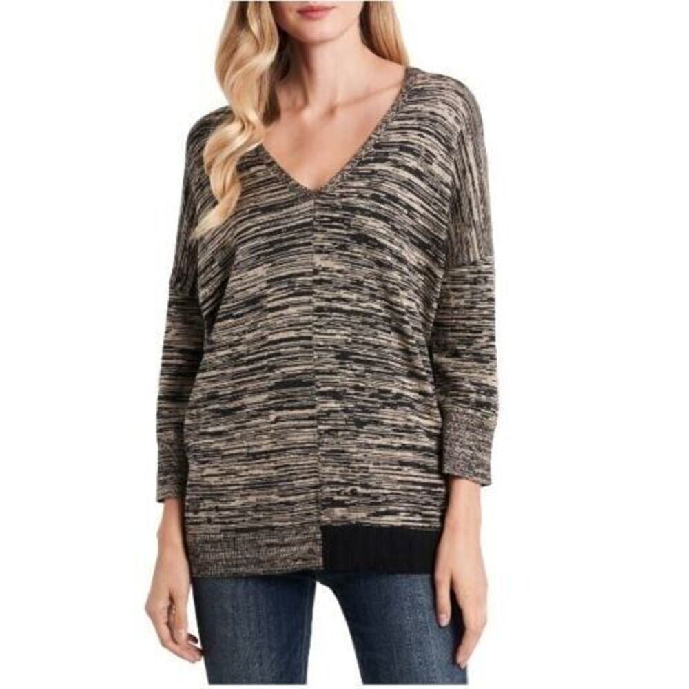 Vince Camuto Space Dye Asymmetrical Hem Cotton Blend Sweater In Rich Black XSmal
